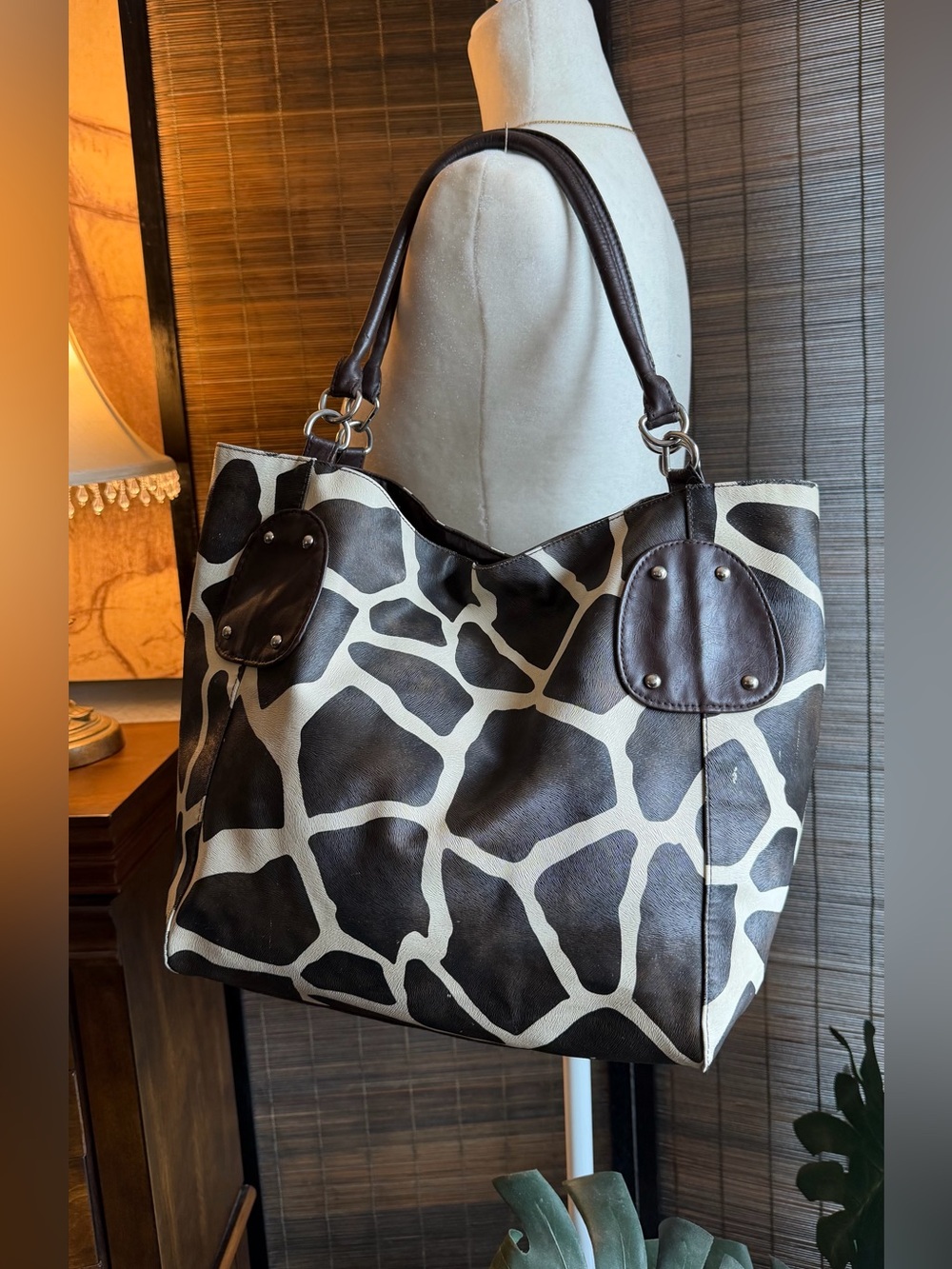 Giraffe Print Oversized Tote Bag Brown Cream Animal Print Large Shoulder Bag